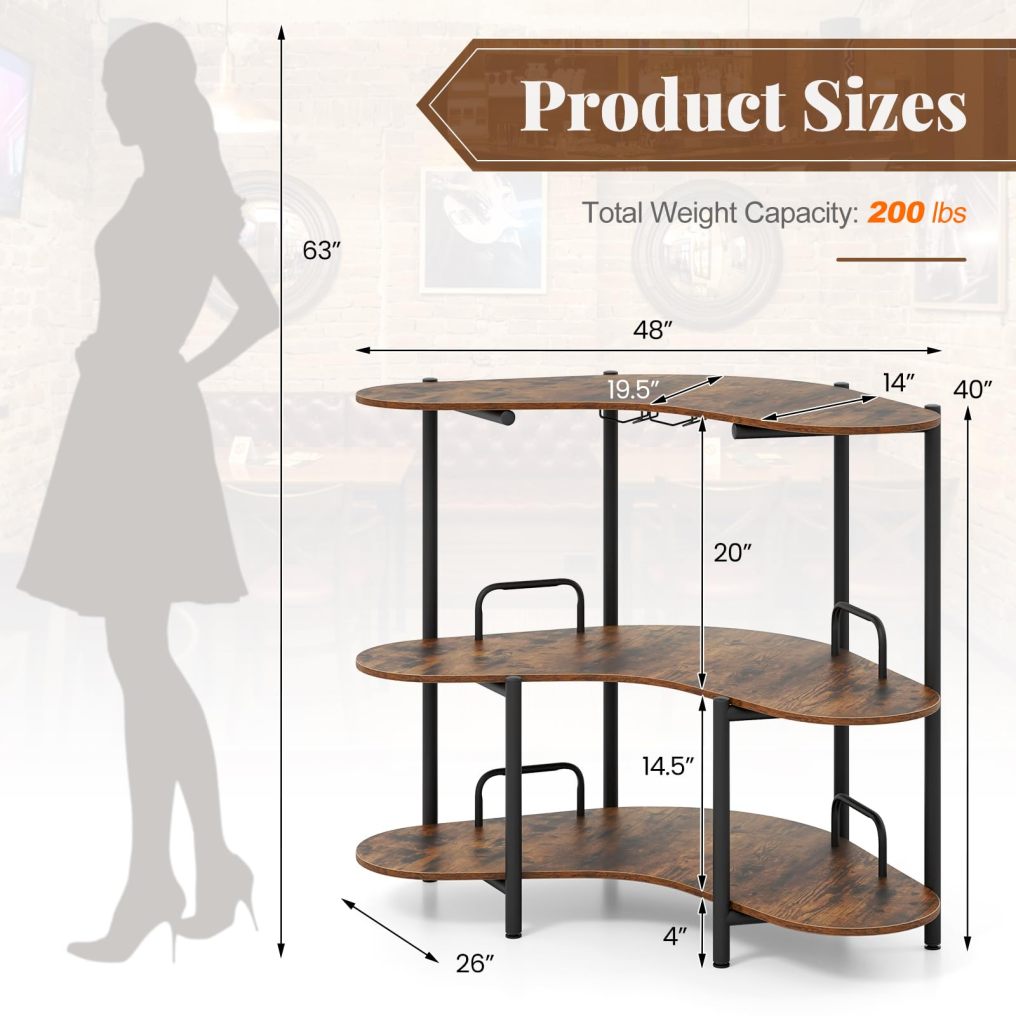 Bar Unit for Liquor 3 Tier Corner Bar Table with Wine Glasses Holder