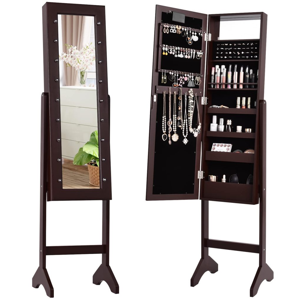 Jewelry Armoire with 18 LED Lights Standing Jewelry Organizer