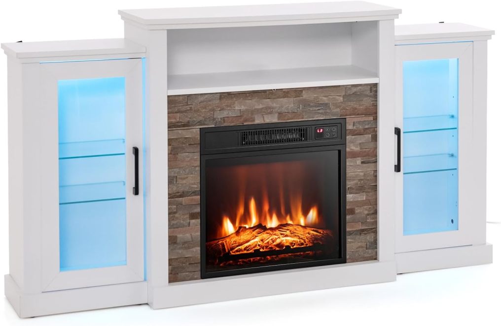 Fireplace TV Stand with LED Lights for TV up to 65”, Entertainment Center with 18” Electric Fireplace