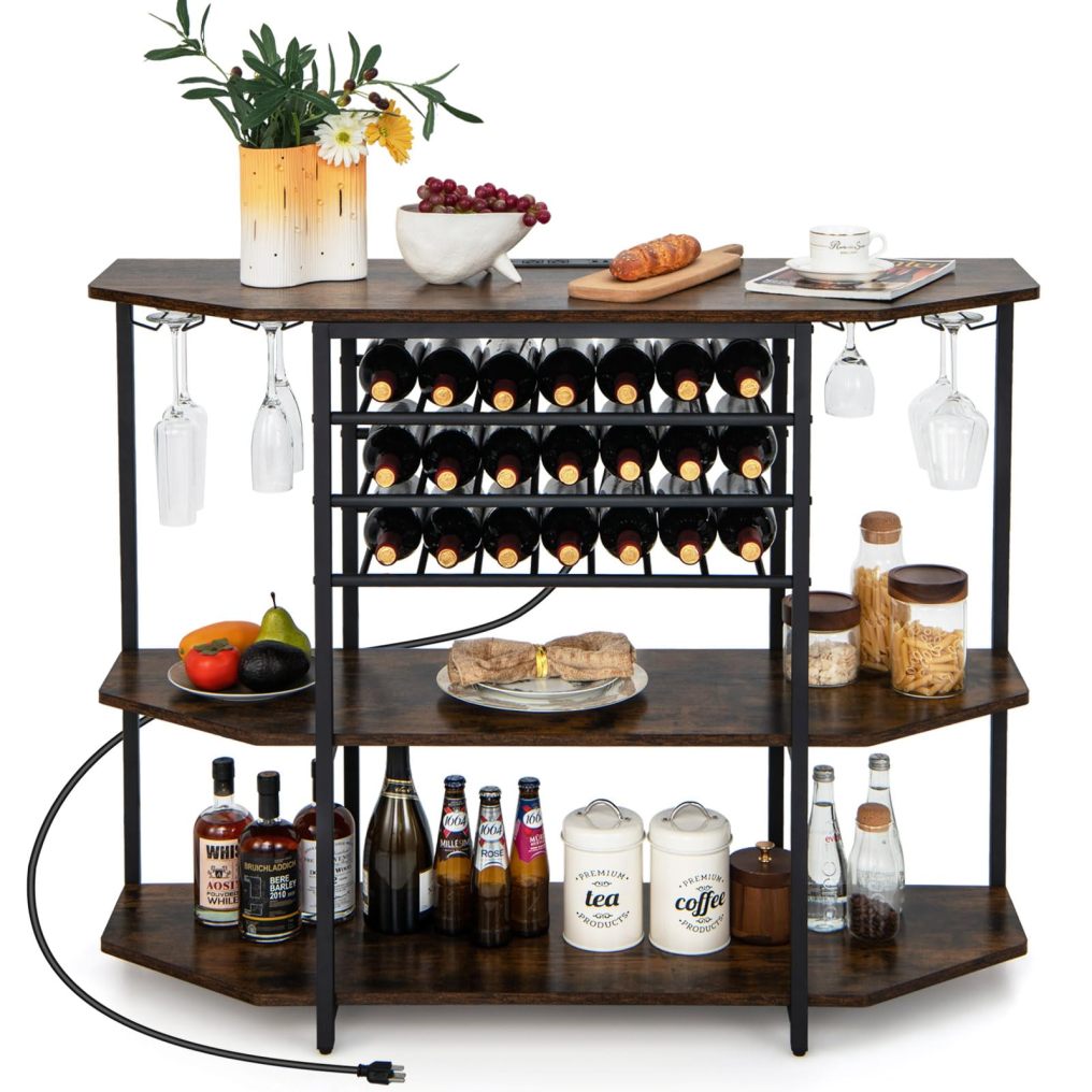 Wine Bar Cabinet 3-Tier Liquor Cabinet with Power Outlets