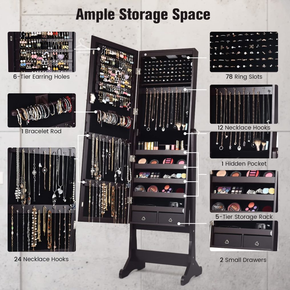 57.5" Jewelry Armoire with Full Length Mirror for Women