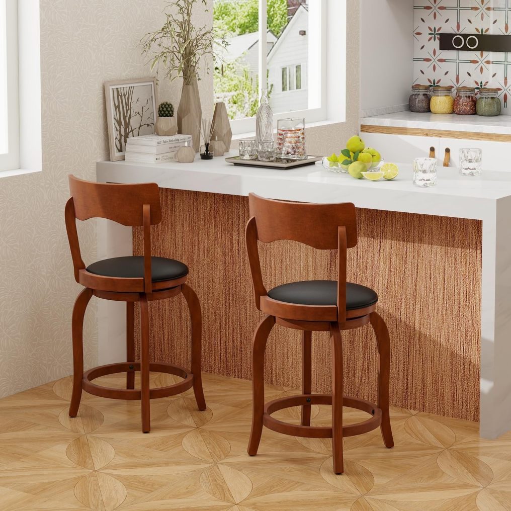 Swivel Counter Height Chairs with Rubber Wood Frame Upholstered Seat