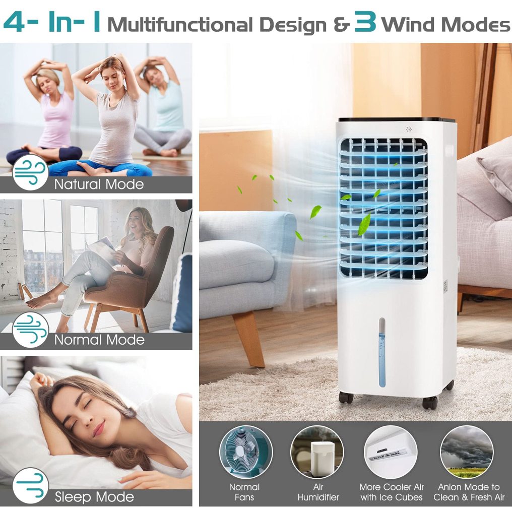 Evaporative Cooler, 4-In-1 Bladeless Cooler with 4 Modes, 3 Speeds, Timer, 12L Water Tank