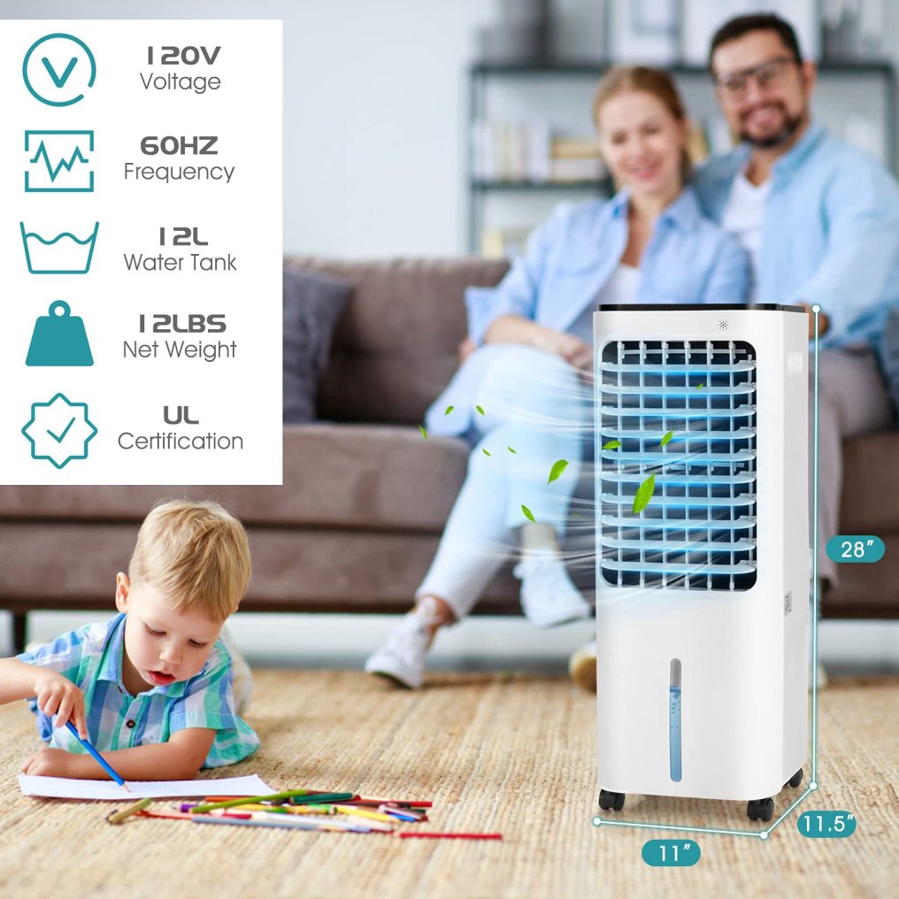 Evaporative Cooler, 4-In-1 Bladeless Cooler with 4 Modes, 3 Speeds, Timer, 12L Water Tank