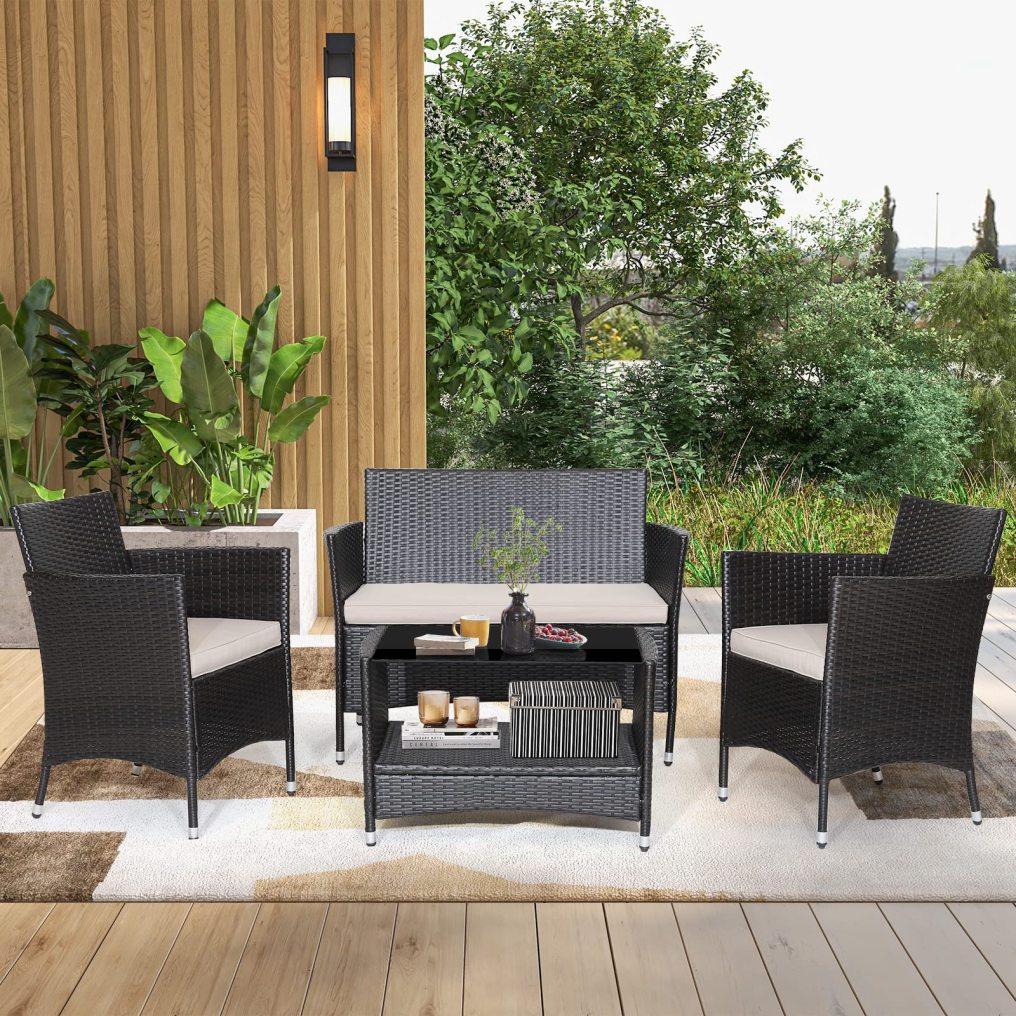 4 PCS Patio Rattan Furniture Set with Coffee Table & Shelf