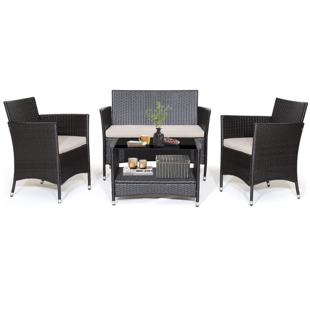 4 PCS Patio Rattan Furniture Set with Coffee Table & Shelf