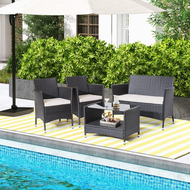 4 PCS Patio Rattan Furniture Set with Coffee Table & Shelf
