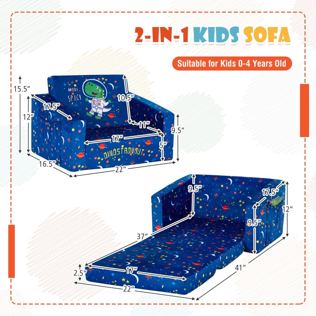 2-in-1 Convertible Sofa to Lounger for Children with Side Storage Pocket Flip Open Couch & Sleeper with Cut Patterns
