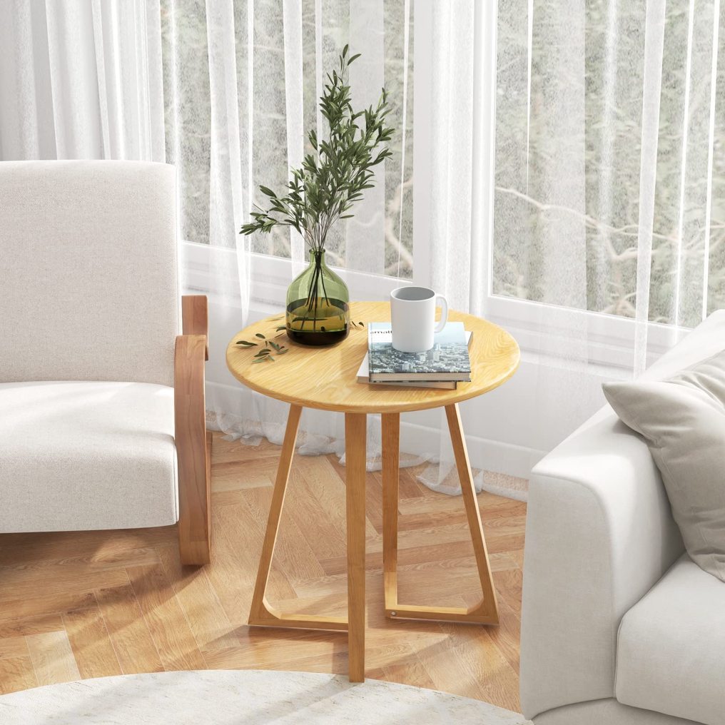 24” Round Side Table Solid Rubber Wood End Table Compact Tea Table Beside Sofa or Bed