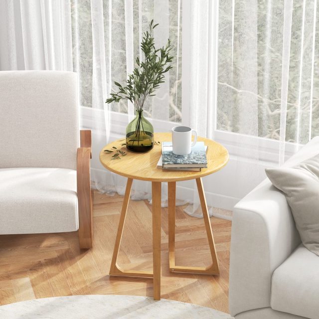 24” Round Side Table Solid Rubber Wood End Table Compact Tea Table Beside Sofa or Bed