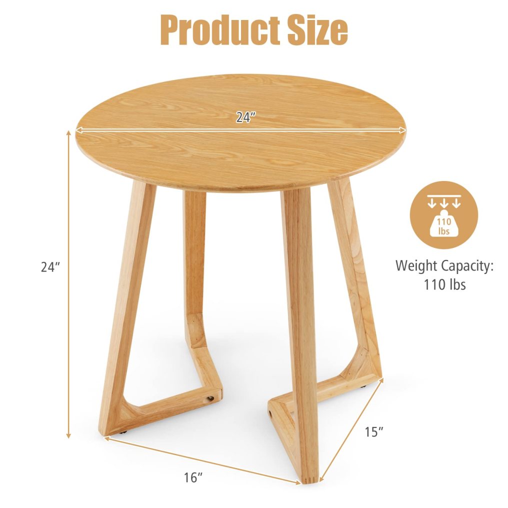 24” Round Side Table Solid Rubber Wood End Table Compact Tea Table Beside Sofa or Bed