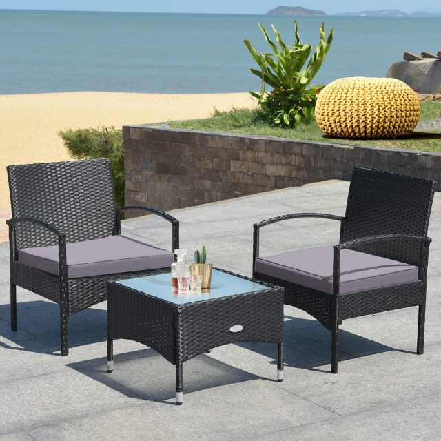 3 PCS Patio Wicker Conversation Set for Yard Porch Bistro Balcony Backyard Pool