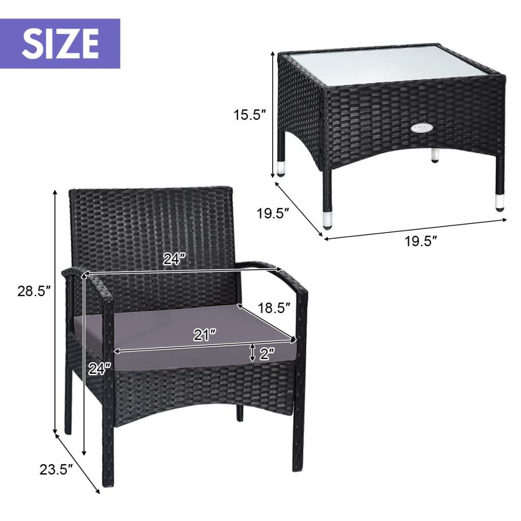 3 PCS Patio Wicker Conversation Set for Yard Porch Bistro Balcony Backyard Pool