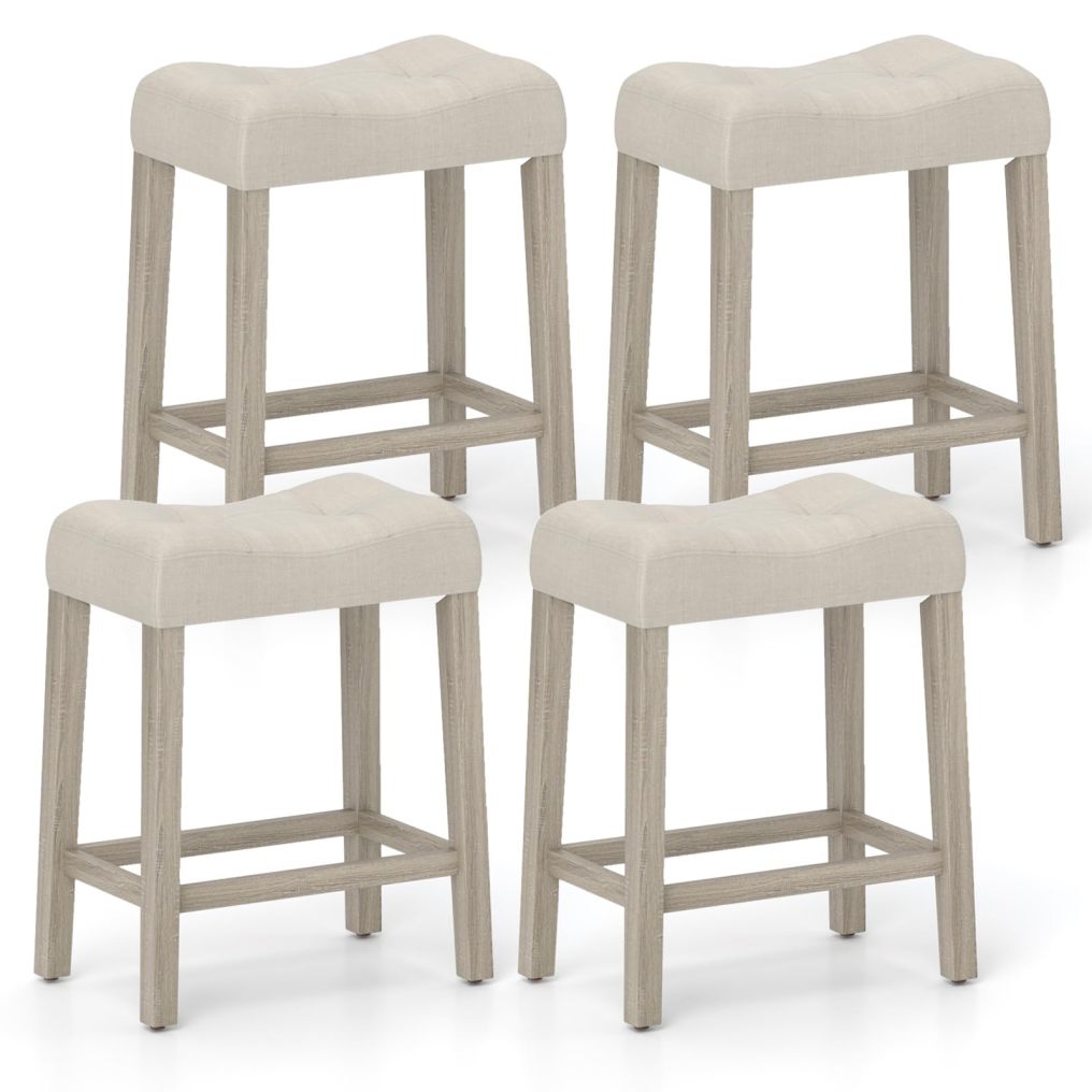 Wooden Saddle Stools Set of 4 with Solid Rubber Wood Legs