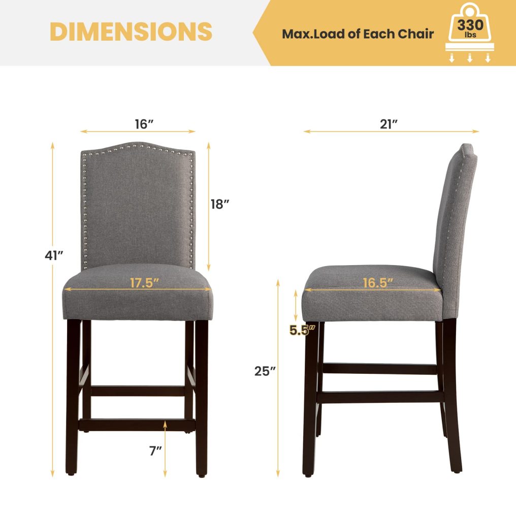 25”Bar Stools Set of 2/4 Linen Upholstered Counter Height Chairs with Solid Rubber Wood Legs