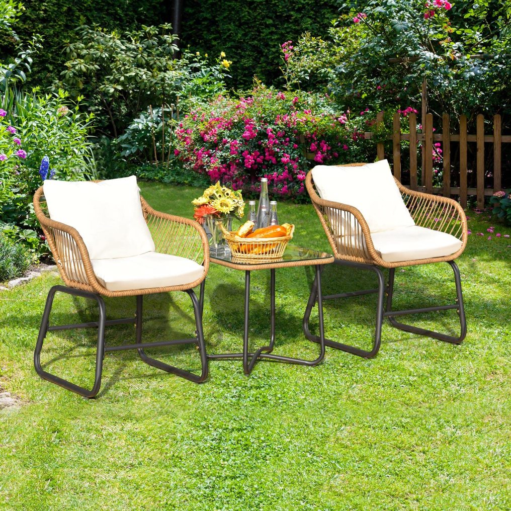 3-Piece Patio Bistro Set with 2 Rattan Chairs and Square Glass Coffee Table