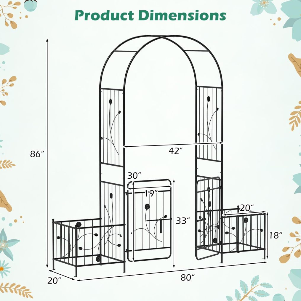 3-in-1 Garden Arch with Lockable Gate & 2 Side Planters