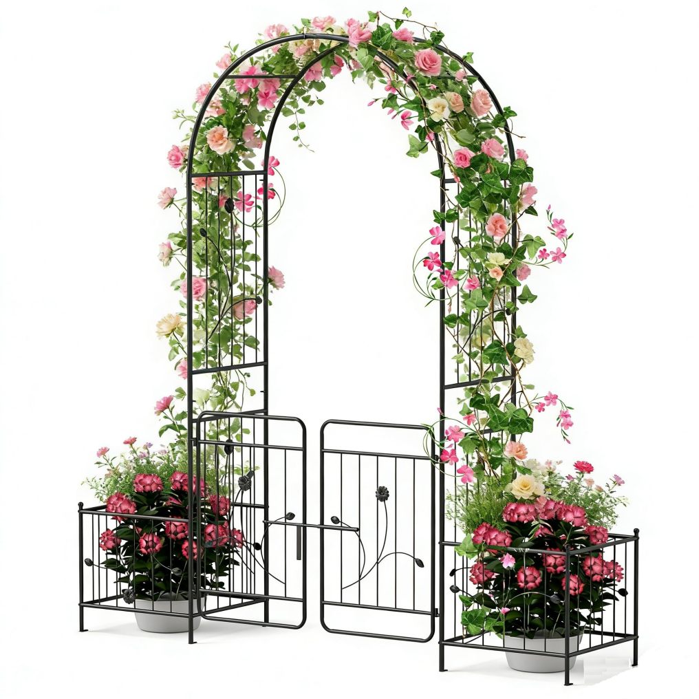3-in-1 Garden Arch with Lockable Gate & 2 Side Planters