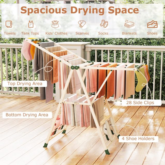 Foldable 2-Level Laundry Drying Rack with Adjustable Wings & 16 Drying Rails