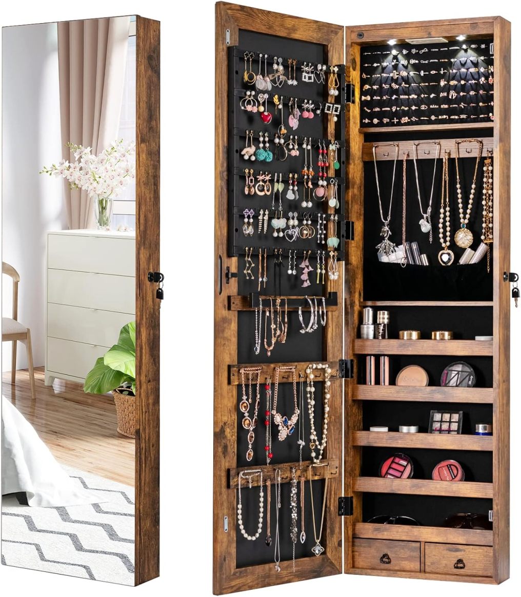 Mirror Jewelry Armoire Wall Door Mounted Jewelry Organizer w/Full-length Mirror and 2 LED Lights