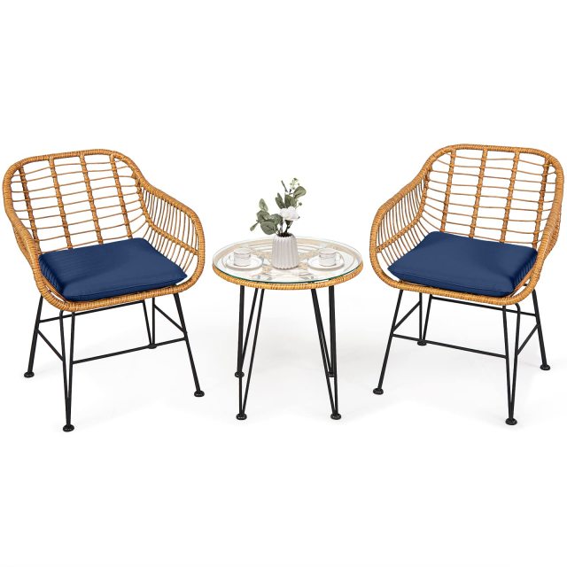 3-Piece Rattan Patio Bistro Set with 2 Cushioned Armchairs & Coffee Table