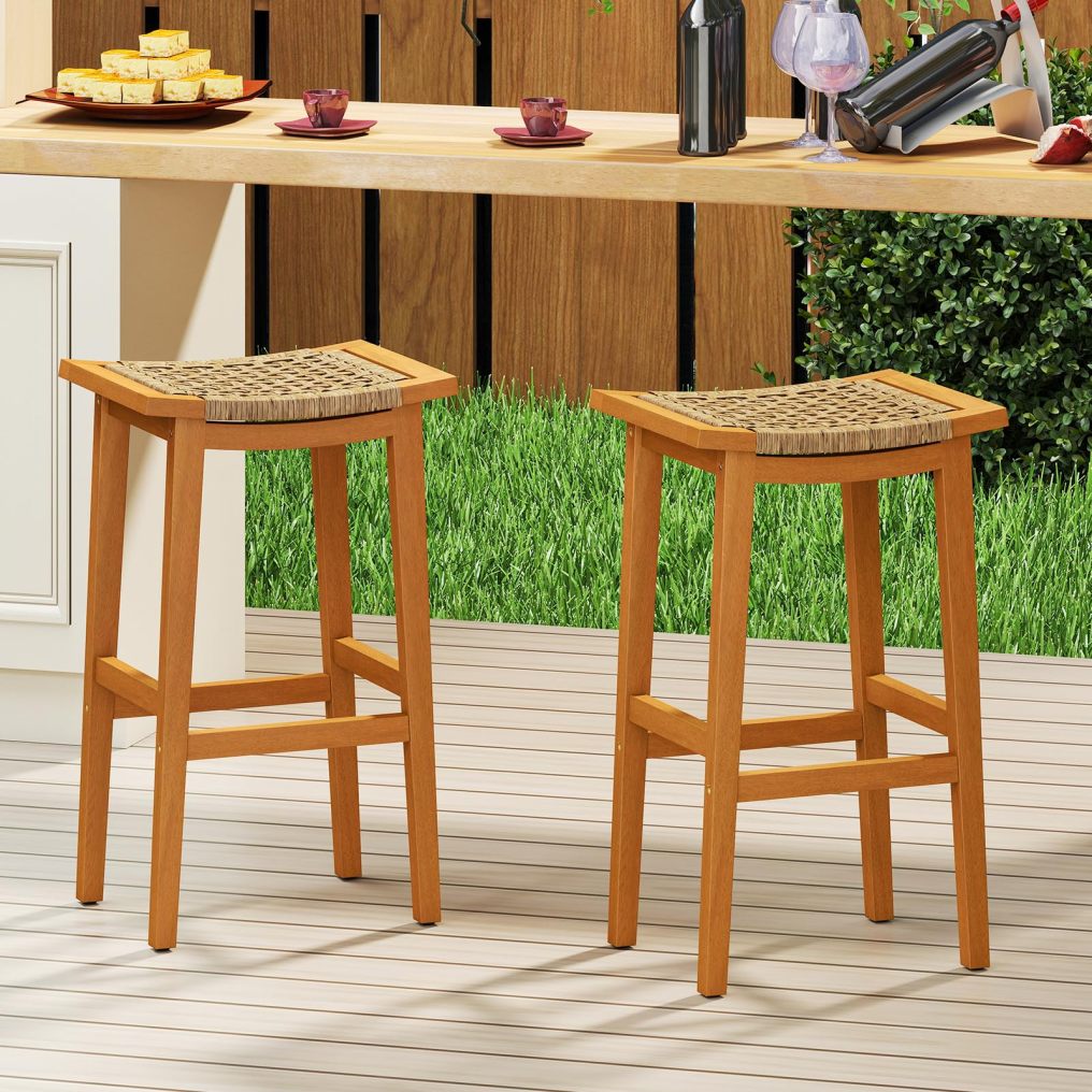 Outdoor PE Rattan Saddle Stools with Acacia Wood Footrests
