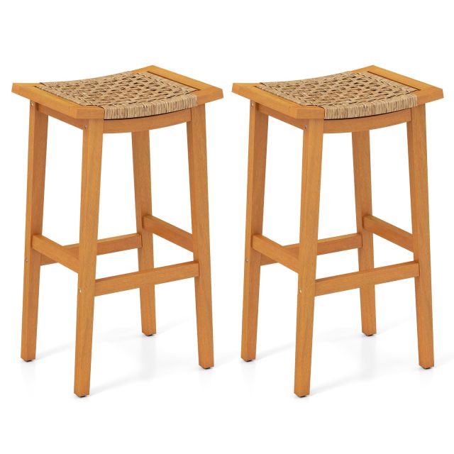 Outdoor PE Rattan Saddle Stools with Acacia Wood Footrests