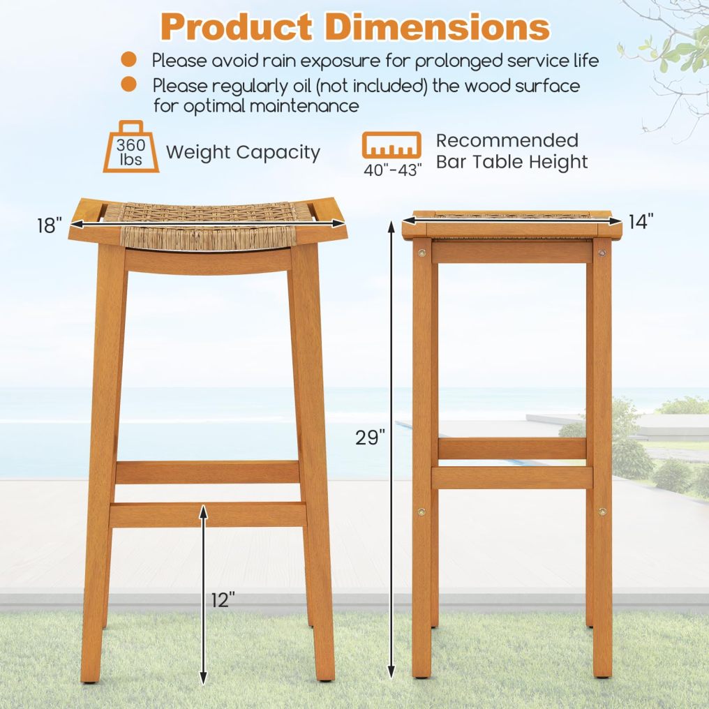 Outdoor PE Rattan Saddle Stools with Acacia Wood Footrests