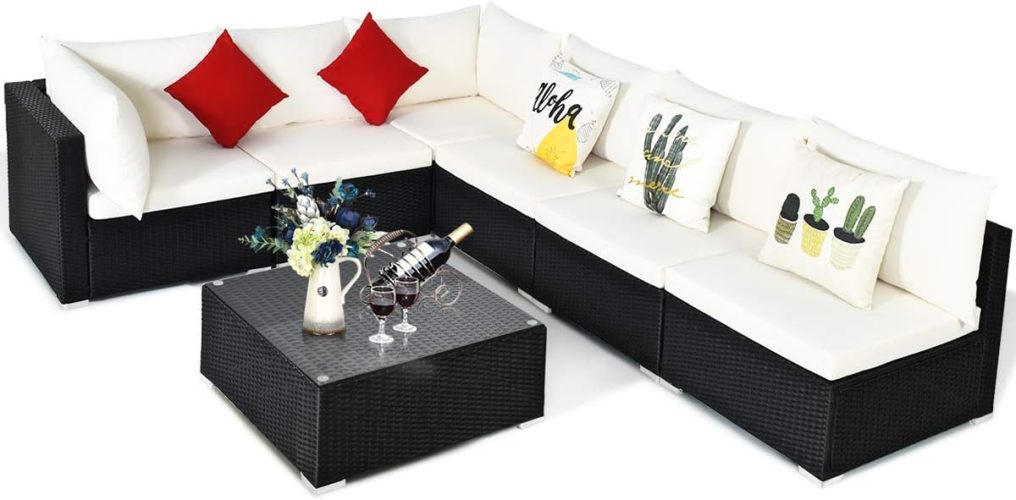 7-Piece Outdoor Sectional Wicker Patio Sofa Set with Tempered Glass Top