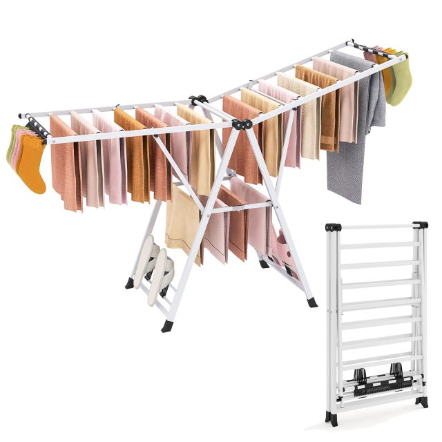 Clothes Drying Rack with Adjustable Wings 16 Drying Rails 28 Sock Clips & 4 Shoe Racks (72.5"L x 22”W x 39"-66"H)