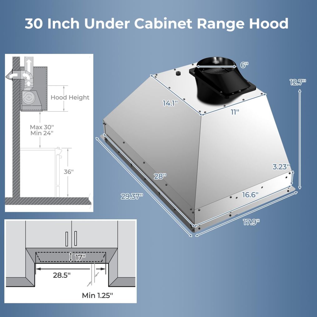 30 Inch Range Hood Insert 900 CFM Ducted