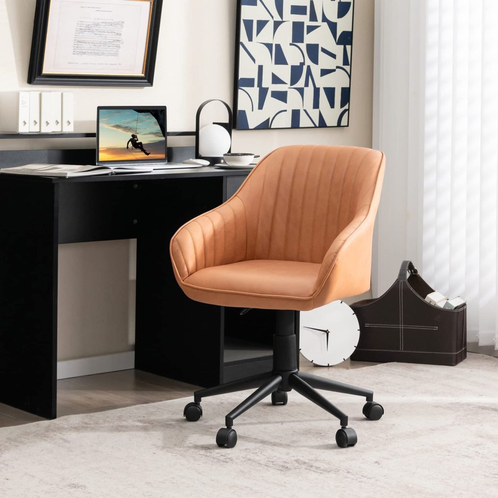 Leather Home Office Chair Adjustable Rolling Leisure Accent Chair with Ergonomic Arms & Backrest