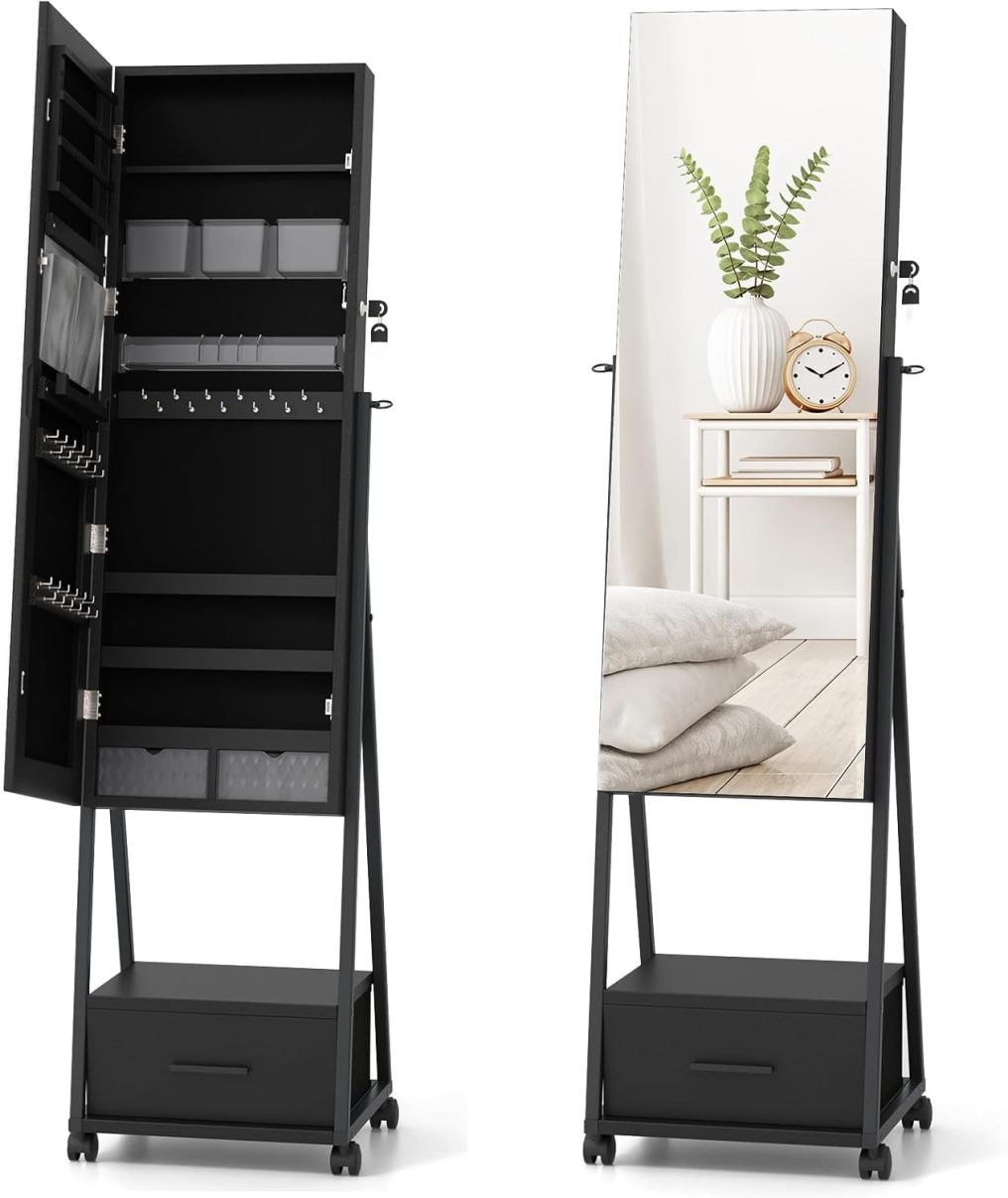 Mirror Jewelry Cabinet with Wheels Standing Full-length Mirror with Jewelry Storage