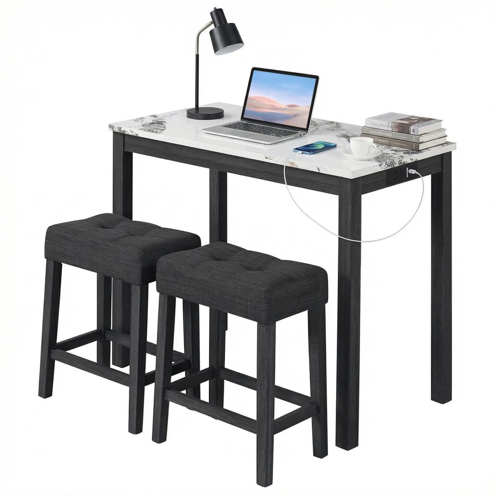 3-Piece Bar Table Set with Charging Station Wooden Console Table Set for Living Room