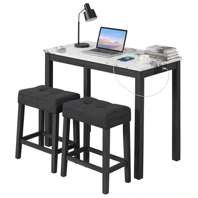 3-Piece Bar Table Set with Charging Station Wooden Console Table Set for Living Room