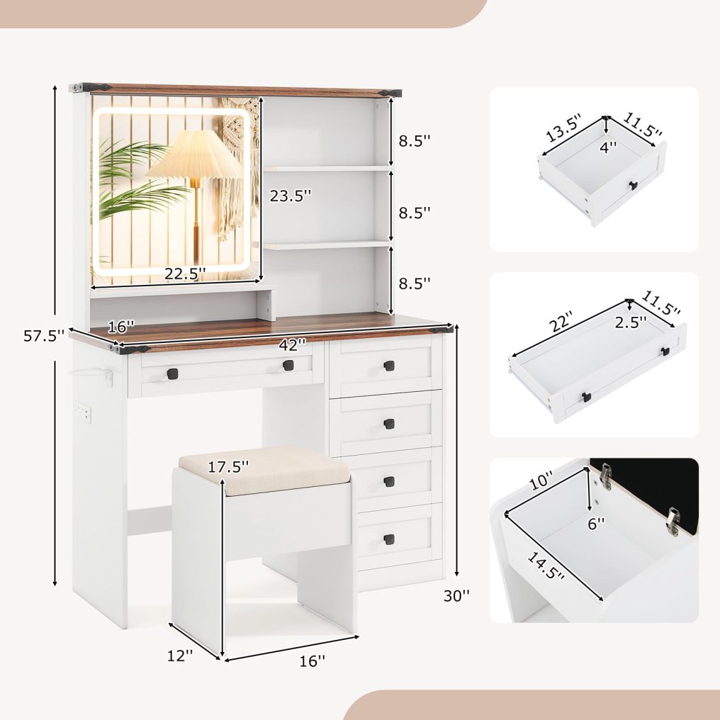 42'' Farmhouse Dressing Table w/Charging Station