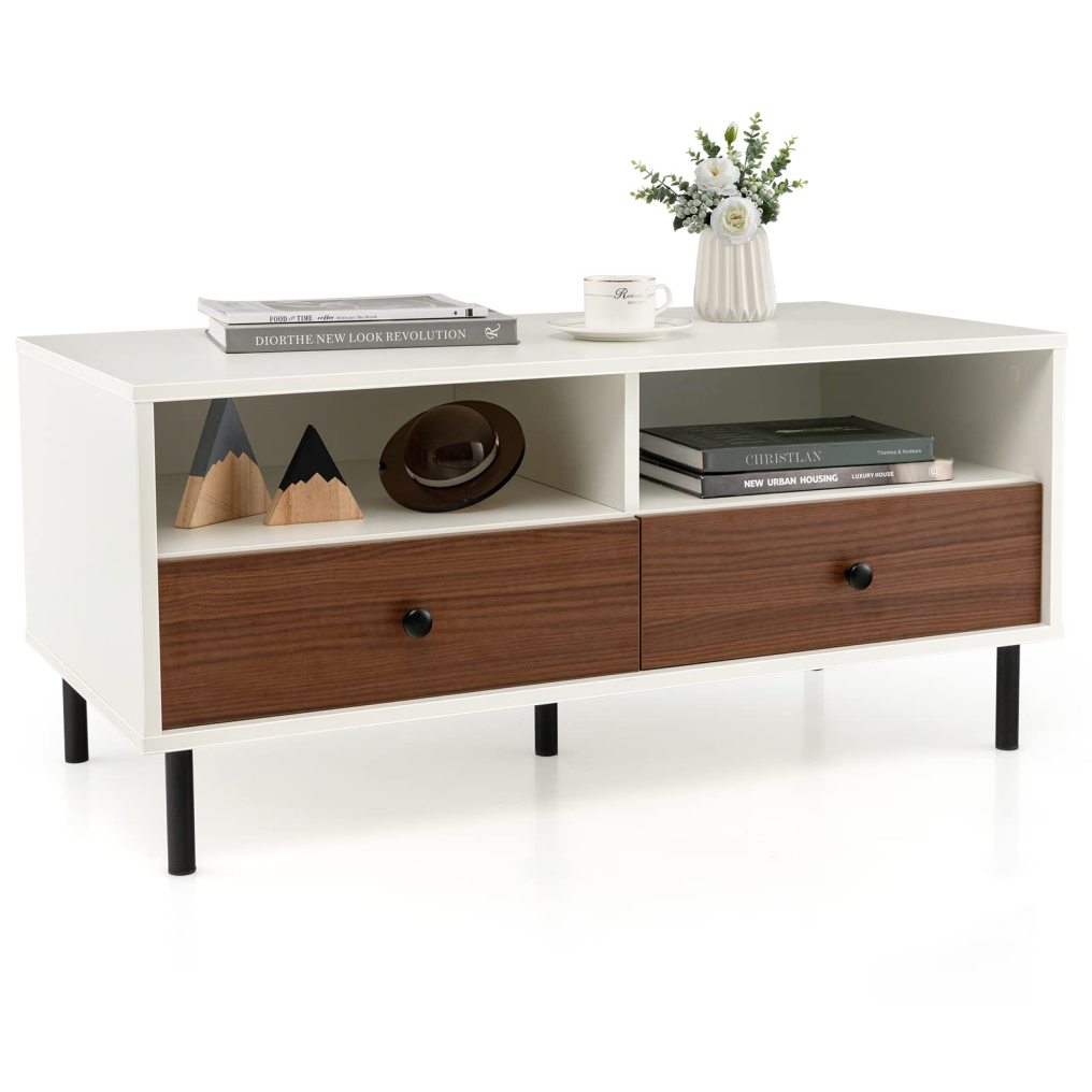 Modern Coffee Table with Storage Rectangle Sofa Center Table with 2 Open Shelves & 2 Drawers