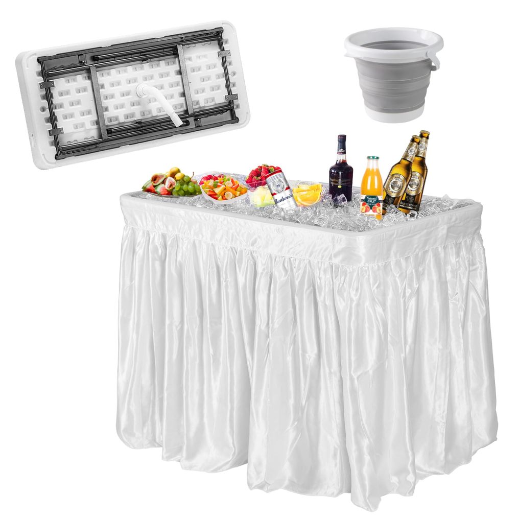 Folding Ice Table for Parties with Drain & Removable Skirt