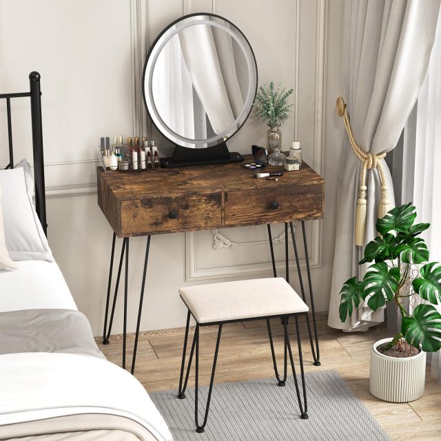 Makeup Dressing Table Set w/ 3 Color Lighting Modes & Adjustable Brightness