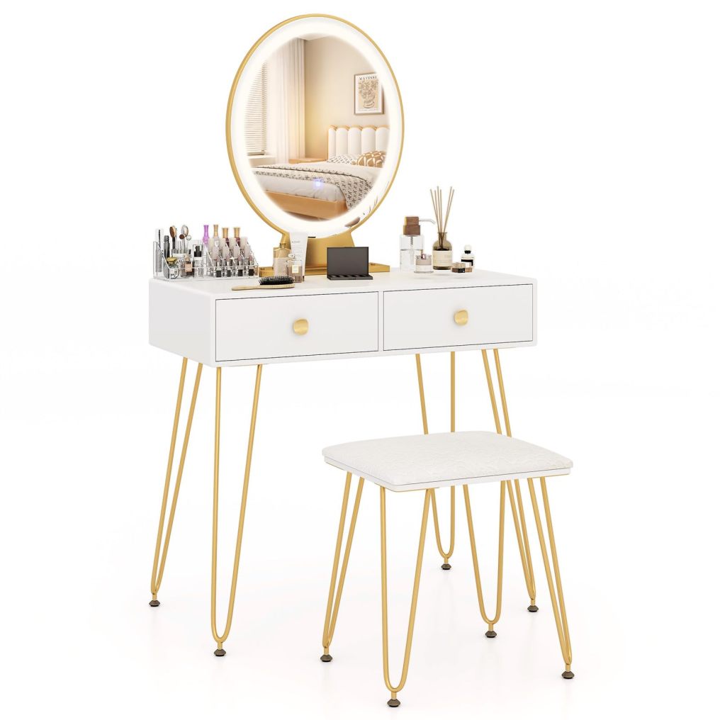 Makeup Dressing Table Set w/ 3 Color Lighting Modes & Adjustable Brightness