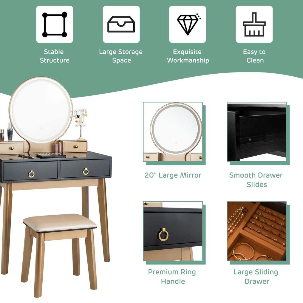 Vanity Table Set with LED Lighted Mirror for Women