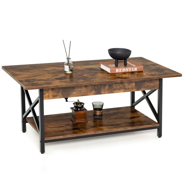 Industrial Coffee Table 2-Tier Wood Cocktail Tea Table with Storage Shelf and X-Shape Steel Frame