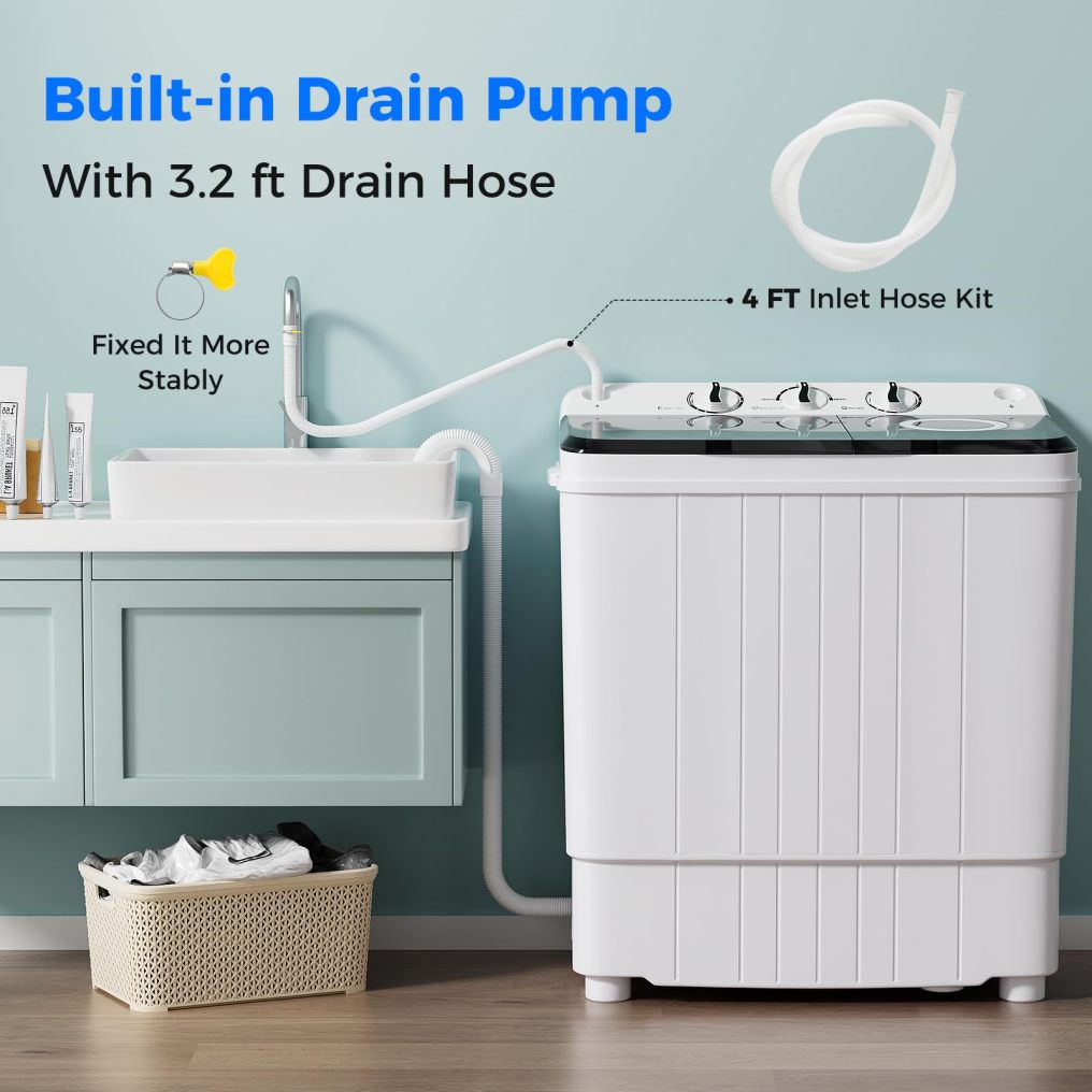 Portable Washing Machine, 17.6lbs Compact Portable Washer Twin Tub Combo with Pump Drain (Black & White)