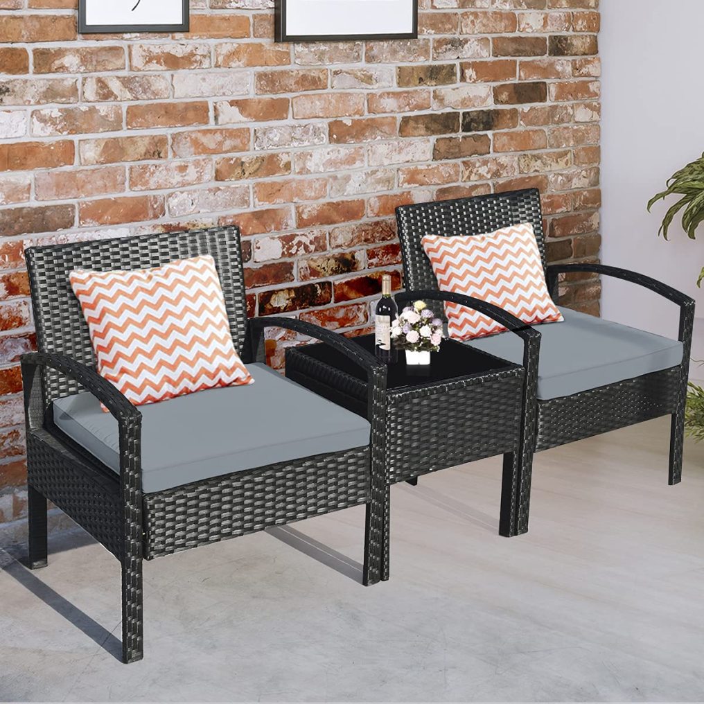 3 Pieces Patio Furniture Set Outdoor Rattan Conversation Set with 2 Chairs & Coffee Table