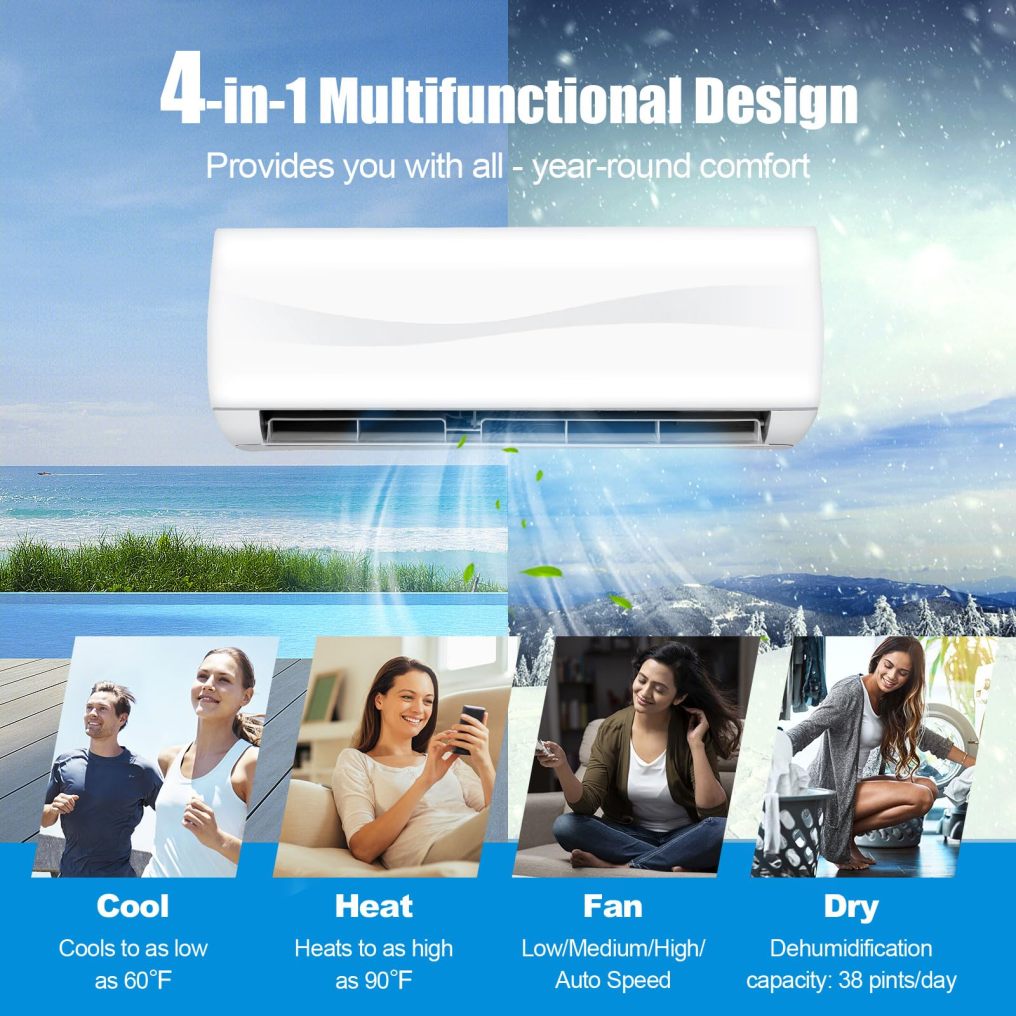 9000 BTU Mini Split Air Conditioner & Heater, 17 SEER2 208V-230V Pre-Charged Inverter Heat Pump System