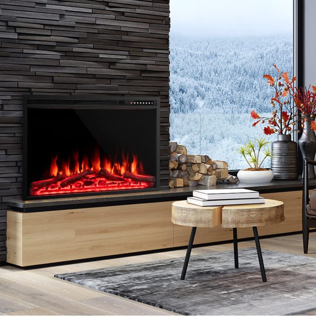 37-Inch Electric Fireplace, Wall-Mounted and Recessed Fireplace Heater with 4 Flame and Log Colors