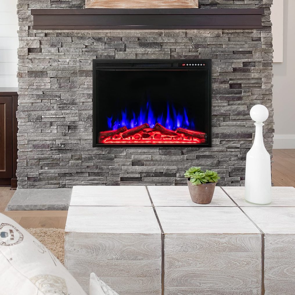 37-Inch Electric Fireplace, Wall-Mounted and Recessed Fireplace Heater with 4 Flame and Log Colors