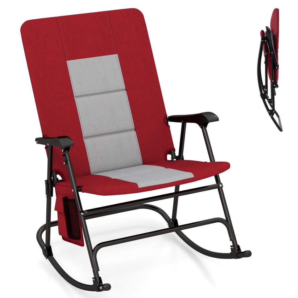 Oversized Folding Rocking Camping Chair Padded Portable Outdoor Rocker with Side Pocket and Hard Armrests for Patio