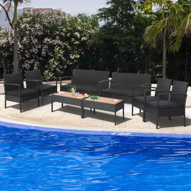 Outdoor Wicker Conversation Set with Acacia Wood Coffee Table