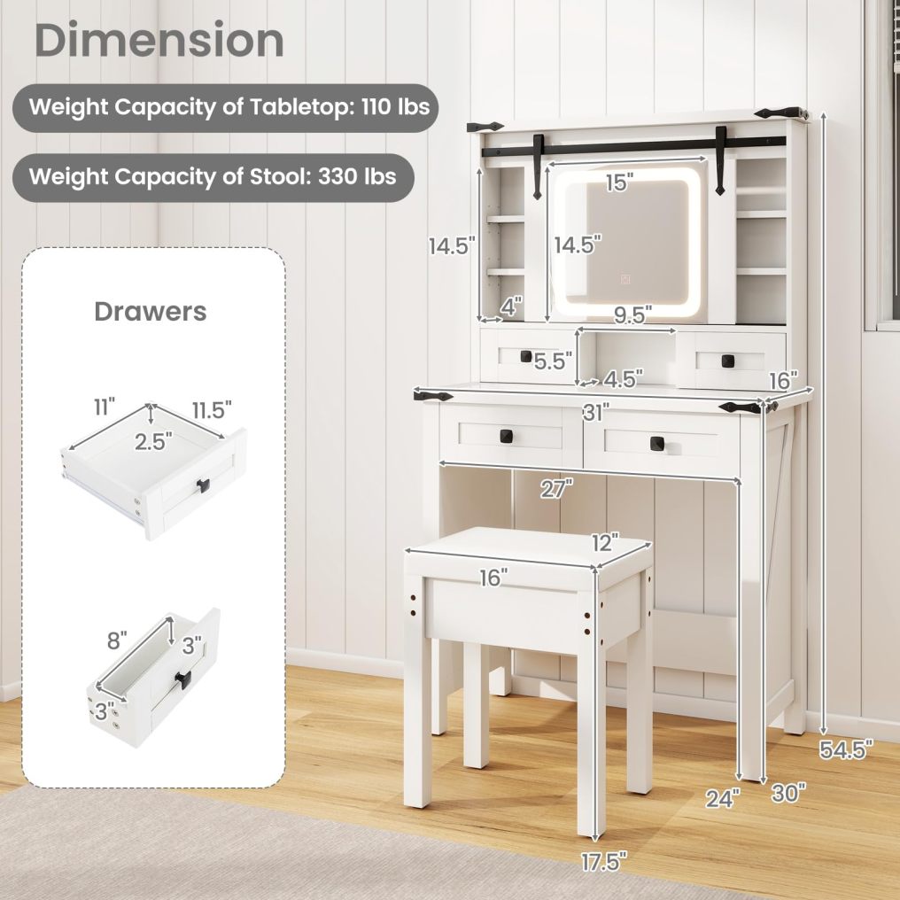 31'' Farmhouse Makeup Table with Sliding Mirror